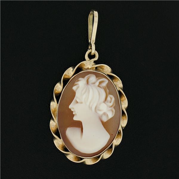 Vintage 14k Gold Bezel Carved Shell Oval Cameo Twisted Wire Frame Charm Pendant