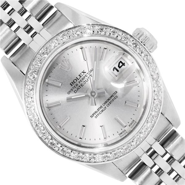 Rolex Ladies Stainless Steel Silver Index Dial 18K White Gold Diamond Bezel Date