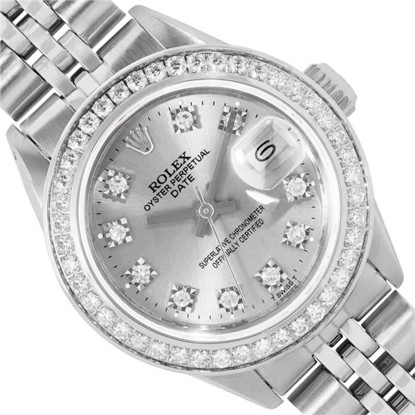 Rolex Ladies Stainless Steel Silver Diamond Date Wristwatch 26MM