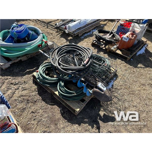 ICE AUGER, HOSES, SHOVEL, GARDEN FENCING