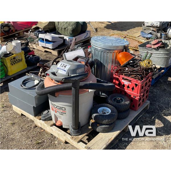 SHOP VAC., GARBAGE CAN, CART TIRES, SHOP TOOLS