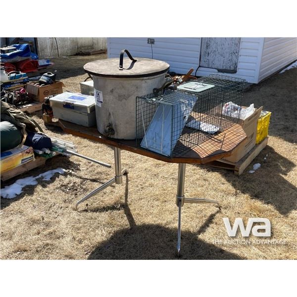 ANIMAL TRAP, ALUMINUM POT, FIRST AID KIT, TABLE