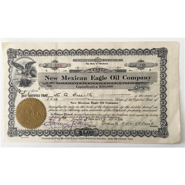 1926 New Mexican Eagle Oil Company Signed Stock Share Certificate