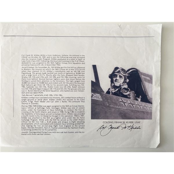 USAF Colonel Frank W. Klibbe signed photo sheet