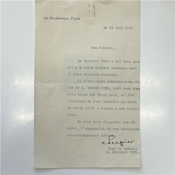 Maréchal Foch Private Secretary signed 1919 letter