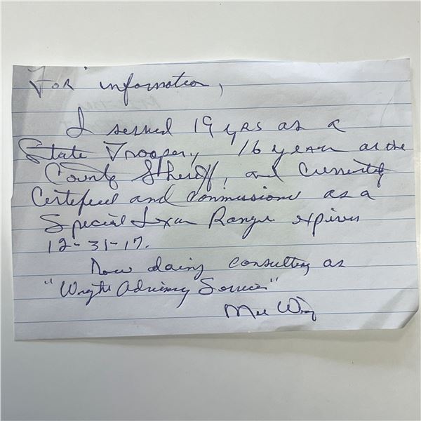 JFK assassination Sheriff Milton Wright signed note