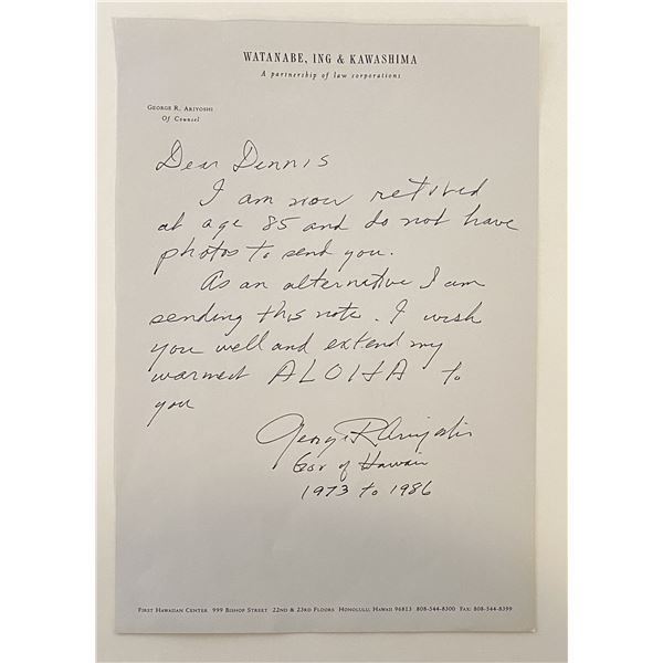Governor of Hawaii George Ariyoshi signed letter