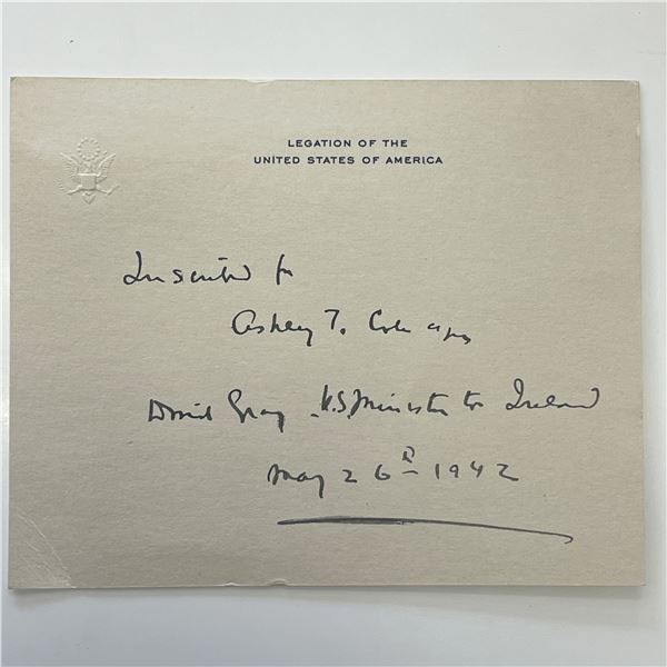 US Minister to Ireland David Gray signed note
