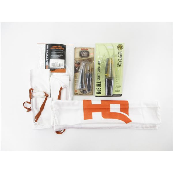 ASSORTED DEER CALLS AND GAME BAGS LOT