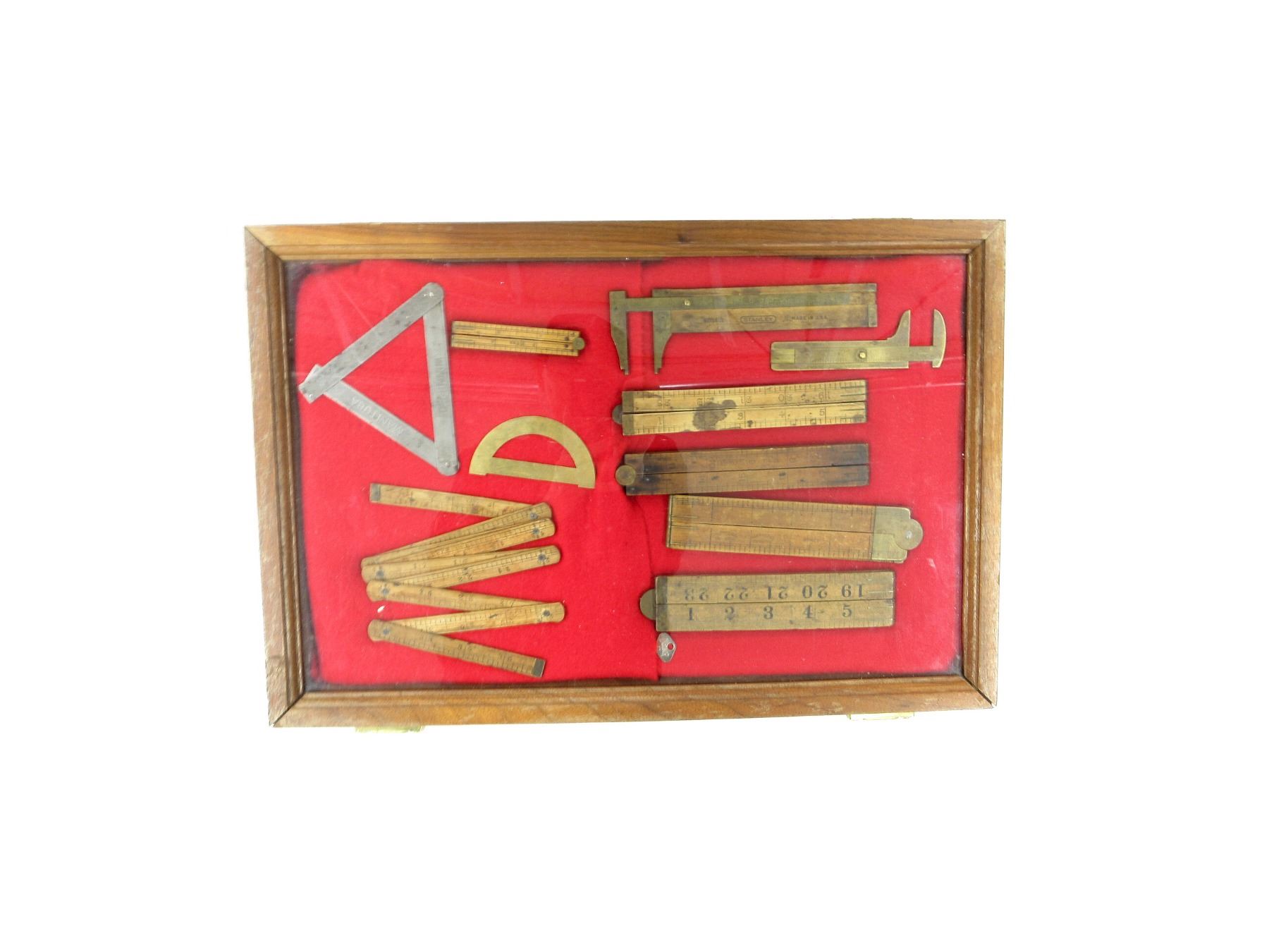 VINTAGE COLLECTIBLE ASSORTED MEASURING TOOLS IN GLASS DISPLAY CASE LOT ...