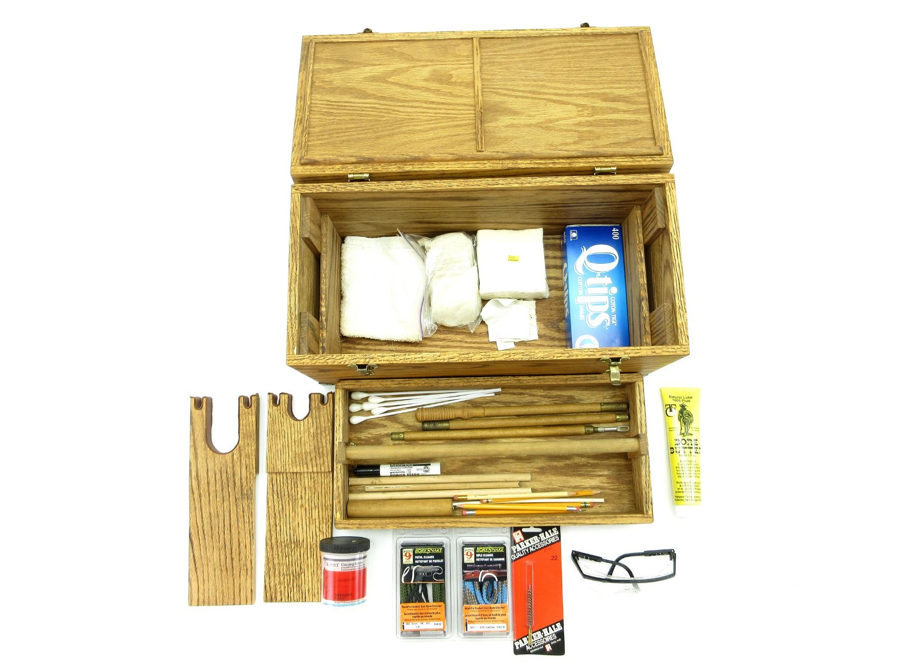 Cal Graf Design CAL GRAF DESIGN WOODEN SHOOTERS BOX WITH VARIOUS CLEANING SUPPLIES LOT