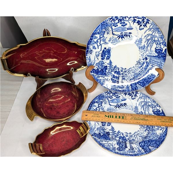 Crown Derby 10.5" Plates and 3 Royale Rouge Carlton Ware England