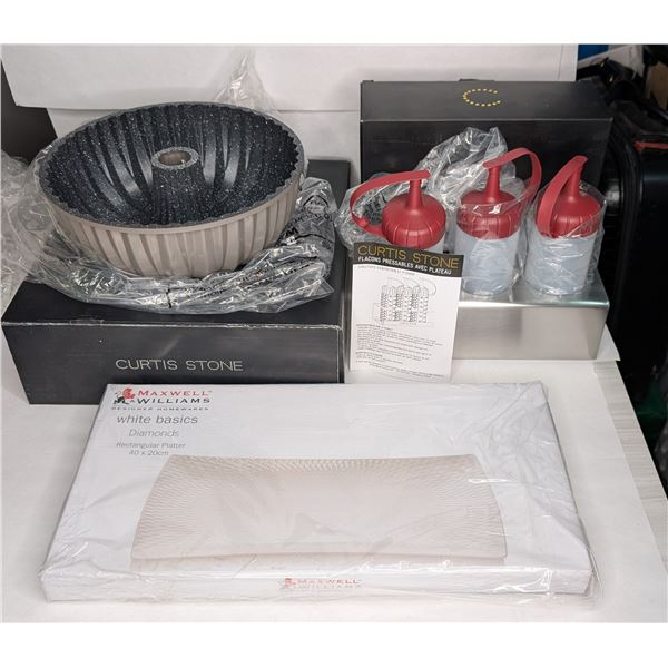 Curtis Stone Bundt Pan Three Squeeze Bottles on Tray Maxwell Williams Tray