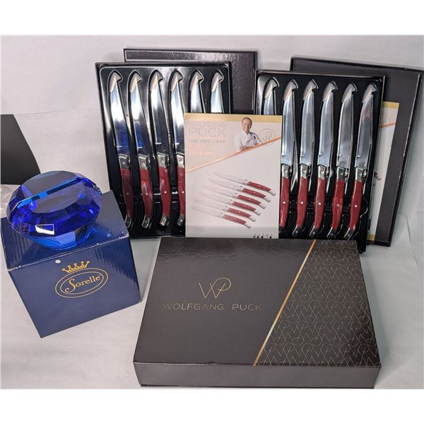 Wolfgang Puck Set of 12 Steak Knives Red & Sorelle Chrystal Card Holder NEW