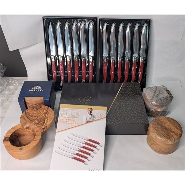 Wolfgang Puck Set of 12 Steak Knives Red & Berard France and Gluckstein Salt Cellars NEW