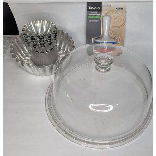 Covered Glass Cake Platter, Baking Tins & Cookie Stamp