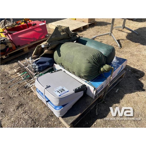 BOAT SEAT, (2) SLEEPING BAGS, RAKE, TENT
