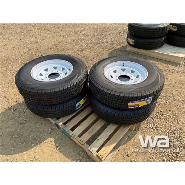 (UNUSED) (4) GRIZZLY 235/80R16 TRAILER TIRES & RIM