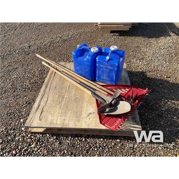 (2) POLY WATER JUGS, PICK, SHOVEL & RAKE