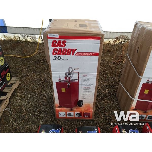 (UN-USED) 30 GALLON GAS CADDY WITH ROTARY PUMP