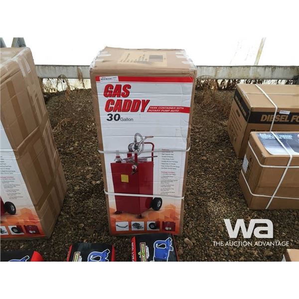 (UN-USED) 30 GALLON GAS CADDY WITH ROTARY PUMP