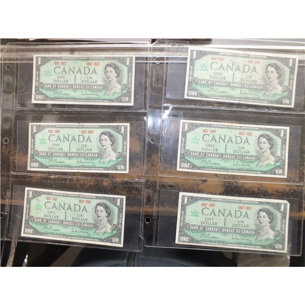 Six 1867 - 1967 Canadian 1 Dollar Bills