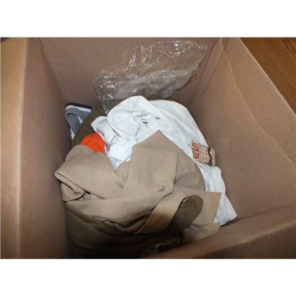 Box Of Assorted Clothing & Orange Hoods