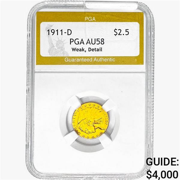 1911-D $2.50 Gold Quarter Eagle PGA AU58 Weak, Detail