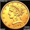 Image 1 : 1892-CC $5 Gold Half Eagle CHOICE BU