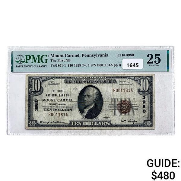 1929 $10 Mount Carmel Ntl. Bank Note PMG VF25