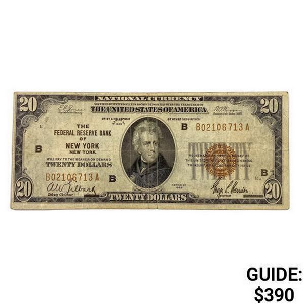 1929 B $20 US Bank of New York Fed Res Note