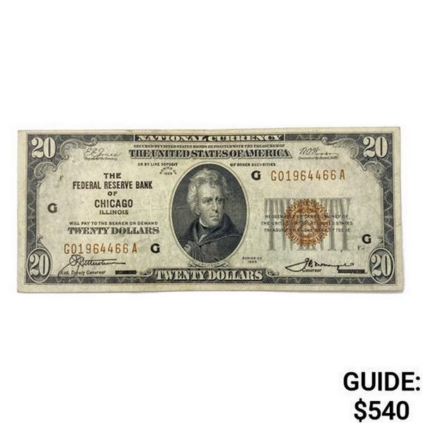 1929 G $20 US Bank of Chicago, IL Fed Res Note