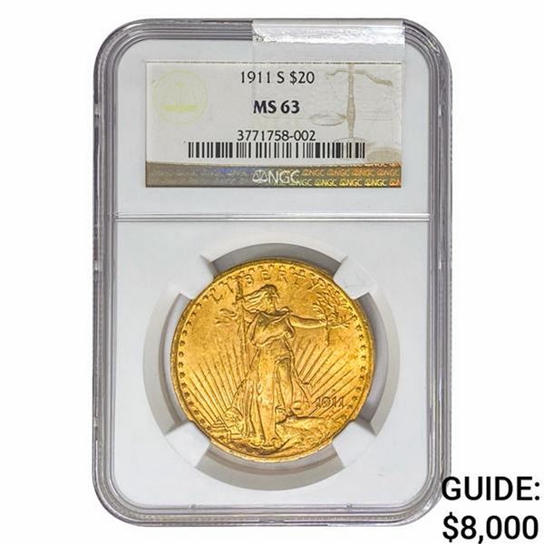 1911-S $20 Gold Double Eagle NGC MS63