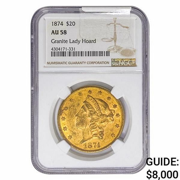 1874 $20 Gold Double Eagle NGC AU58