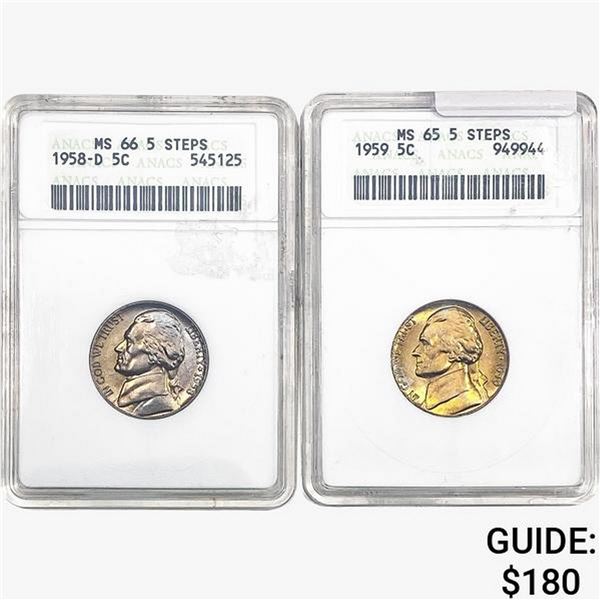 [2]1958-1959 Jefferson Nickel ANACS MS65-66 5 Steps