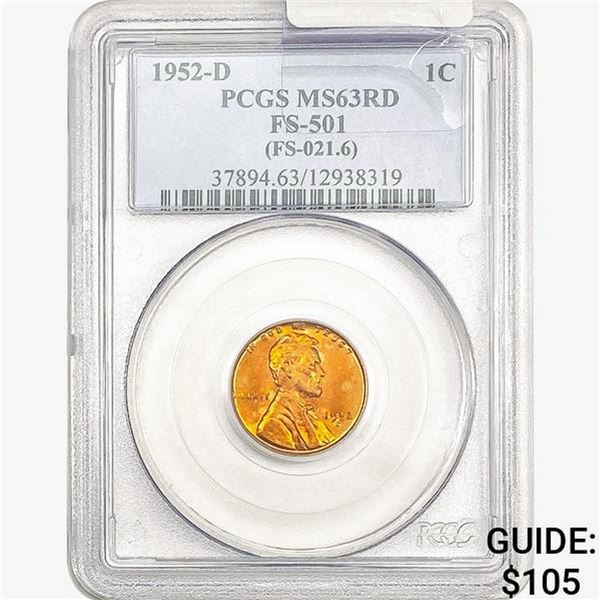1952-D Wheat Cent PCGS MS63 RD FS-501
