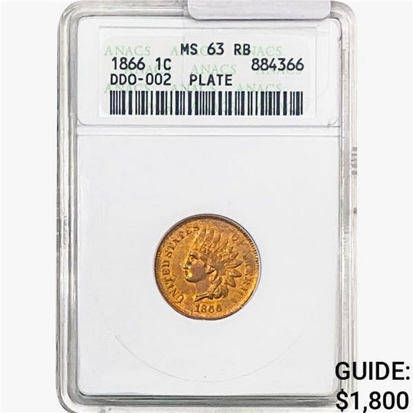 1866 Indian Head Cent ANACS MS63 RB DDO-002