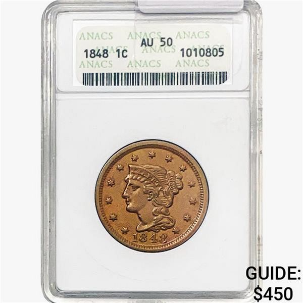 1848 Braided Hair Large Cent ANACS AU50