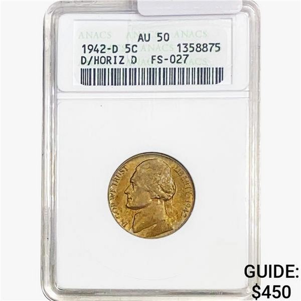 1942-D Jefferson Nickel ANACS AU50 D/Horiz D