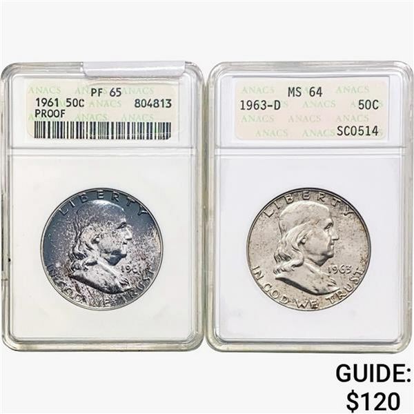 [2]1961-1963 Franklin Half Dollar ANACS MS/PF64-65