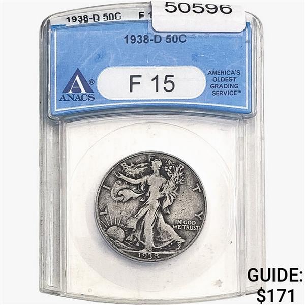 1938-D Walking Liberty Half Dollar ANACS F15