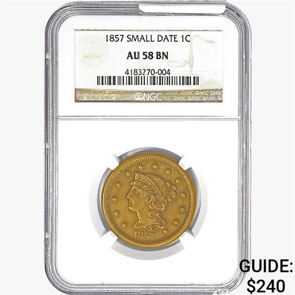 1857 Braided Hair Large Cent NGC AU58 BN