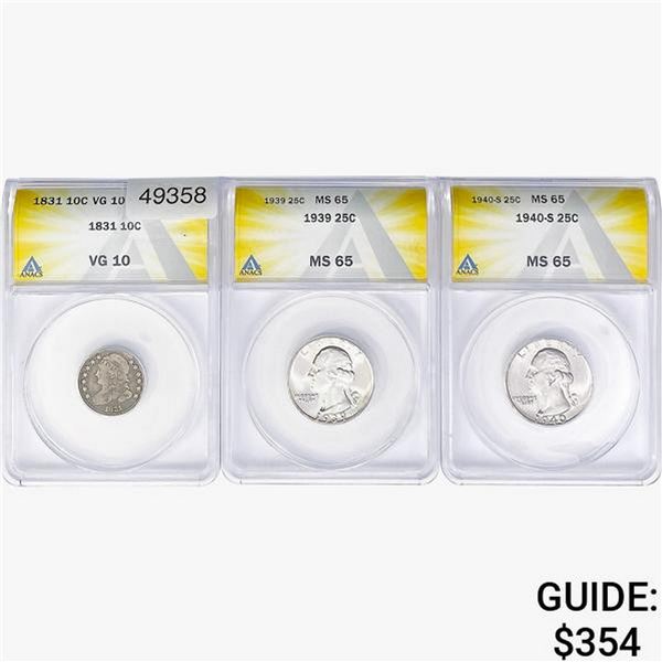 1831-1940 [3] 10C-25C ANACS VG, MS10-65