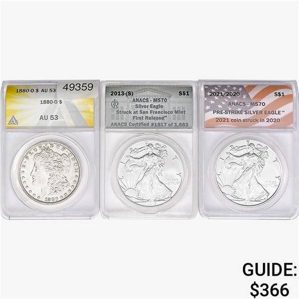 1880-2021/2020 [3] [1] $1 M, [2] $1 ASE 10Z ANACS AU, MS53-70