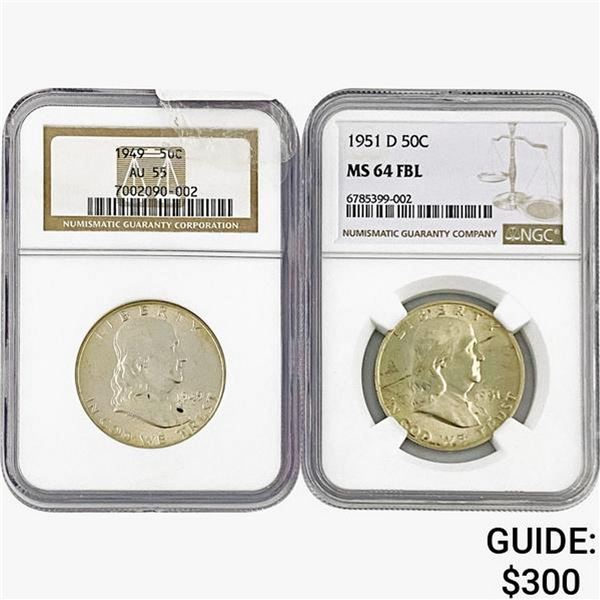1949-1951-D [2] Franklin Half Dollar NGC AU, MS55-64 FBL