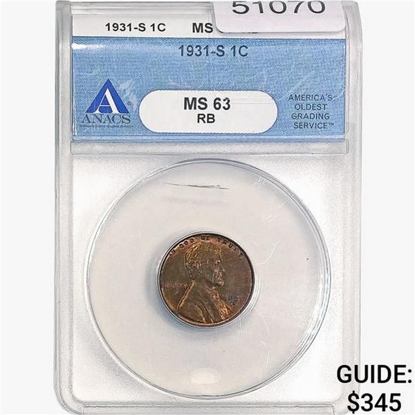 1931-S Wheat Cent ANACS MS63 RB