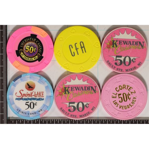 6-50 CENT PLASTIC CASINO CAMING TOKENS: SPIRIT