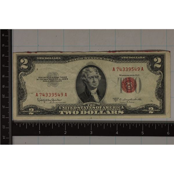 1953 C US $2 RED SEAL NOTE RED INK ON TOP EDGE