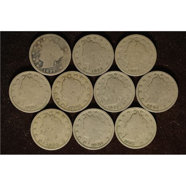 10 ASSORTED  LIBERTY "V" NICKELS: 1887-1907.