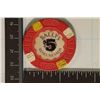 Image 2 : $5 BALLY'S CASINO CHIP RENO, NEVADA